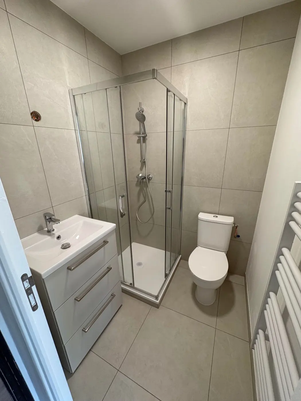 Salle d'eau terminée : douche, WC et meuble vasque